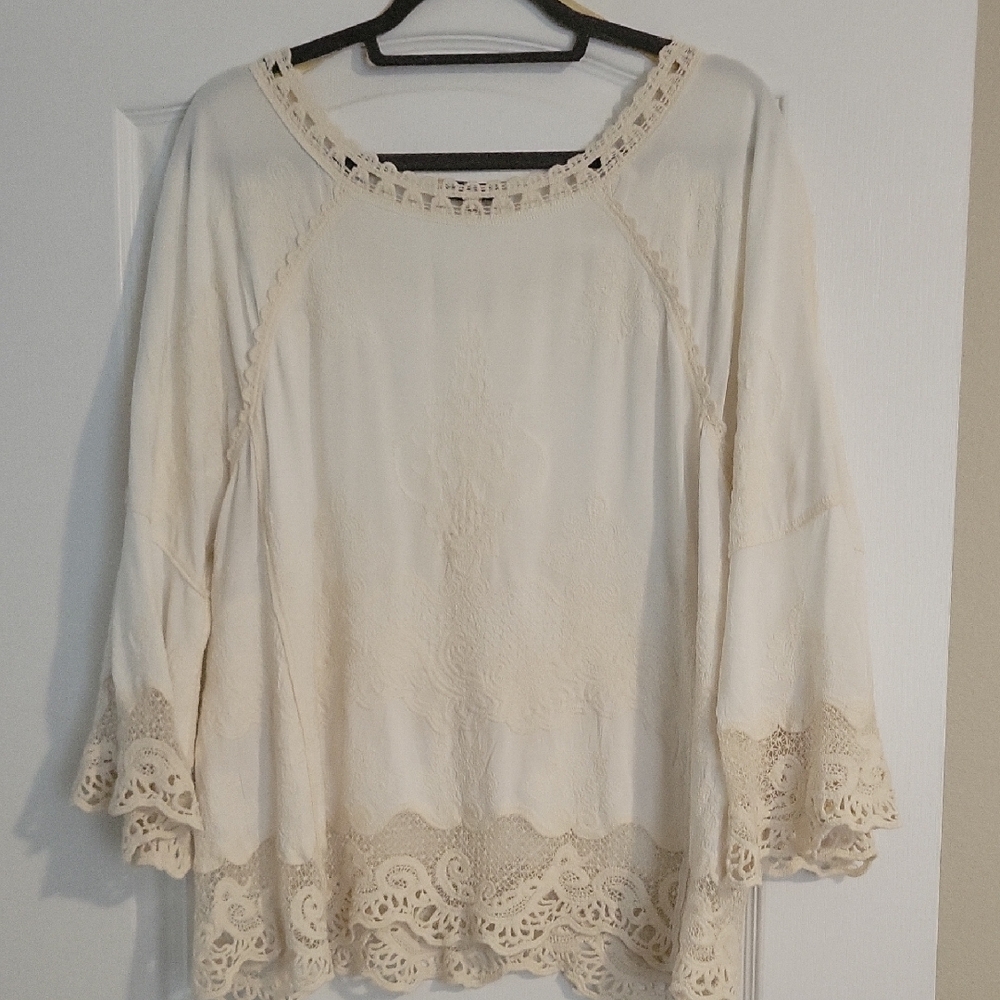 Democracy Cream Lace Trim Boho Blouse Size L Crochet Detail - Picture 10 of 12